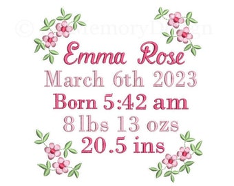 Birth Announcement Embroidery Design, Baby Girl Birth Stats Template embroidery pattern,  Instant Download, 3 sizes