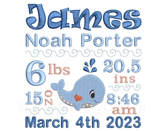 Birth Announcement Embroidery Design, Baby boy whale, Personalized  gift, Customized design, Baby Birth Stats, Machine Embroidery Pattern