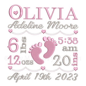 Birth Announcement Embroidery Design, Birth TEMPLATE, Baby girl embroidery, Cute baby feet , Instant download , 3 sizes, AM-PM