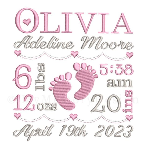 Birth Announcement Embroidery Design, Birth TEMPLATE, Baby girl embroidery, Cute baby feet , Instant download , 3 sizes, AM-PM