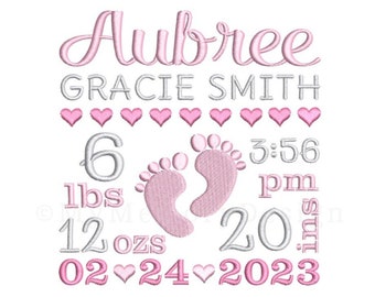 Baby feet birth announcement embroidery design , Machine embroidery file, Instant download, 3 sizes, am-pm