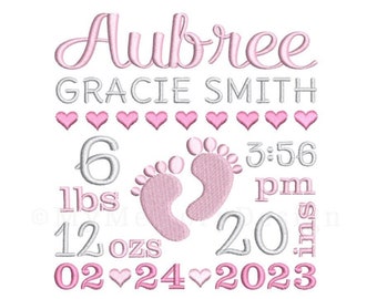 Birth Announcement Embroidery Design, Baby Girl Personalized Gift, Baby Birth Stat sign, Baby feet Design, Machine Embroidery design