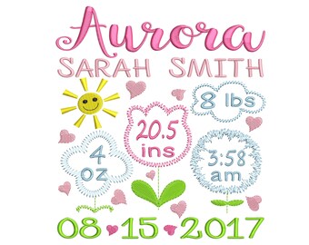 Personalized Birth Announcement Embroidery Design - Baby Girl Customized Shower Gift, Flower Machine Embroidery File - EMAIL DELIVERY