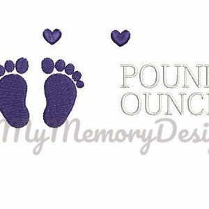 May include: Two purple baby footprints with two purple hearts above them. The text "POUNDS OUNCES INCHES" is written in white.