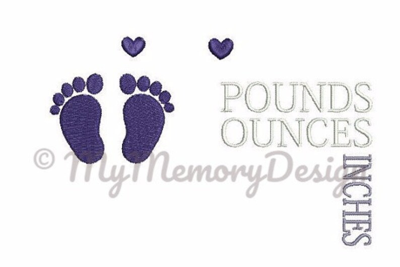 May include: Two purple baby footprints with two purple hearts above them. The text "POUNDS OUNCES INCHES" is written in white.