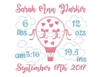 Hot balloon birth announcement embroidery design - Birth template machine embroidery baby design - INSTANT DOWNLOAD 4x4 5x7 6x10 sizes