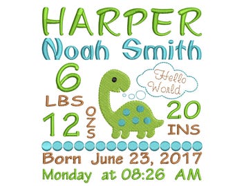 Dinosaur Boy Birth Announcement Embroidery design - Birth stat sign embroidery file, Newborn Baby Gift - INSTANT DOWNLOAD 4x4 5x7 6x10