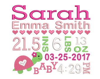 Turtle Baby Birth Announcement Personalized Embroidery Design - Girl Birthday Embroidery - Subway Art - Machine embroidery design