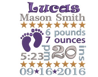 Birth Announcement  Embroidery Design - Baby embroidery design- Baby  boy embroidery, Bithday boy embroidery, subway art- 4x4 5x7 6x10 sizes