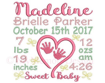 Birth Custom Announcement Embroidery Design - Baby Stats Machine Embroidery File - EMAIL DELIVERY 0-48 hour NOT instant download