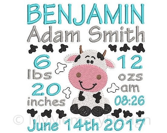 Cow Birth Announcement Embroidery Design - Subway Art Machine Embroidery File - EMAIL DELIVERY 0-48 hour - NOT instant download