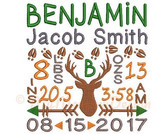 Deer Custom Embroidery  Birth Announcement Machine Embroidery Digital File Design - EMAIL DELIVERY 0-48 hour - NOT instant downlaod