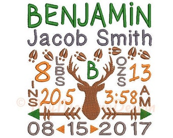 Deer Custom Embroidery  Birth Announcement Machine Embroidery Digital File Design - EMAIL DELIVERY 0-48 hour - NOT instant downlaod