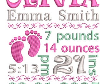 Birth announcement embroidery design - Baby feet embroidery - Birth template machine embroidery - INSTANT DOWNLOAD - 4X4 5X7 6X10 sizes