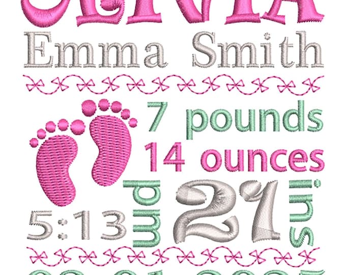 Featured listing image: Birth announcement embroidery design - Baby feet embroidery - Birth template machine embroidery - INSTANT DOWNLOAD - 4X4 5X7 6X10 sizes