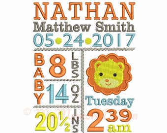 Lion Birth Announcement Embroidery Design - Custom embroidery - Lion Embroidery - EMAIL DELIVERY 0-48 hour - NOT instant download