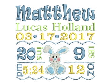Boy Bunny Birth Template Announcement Embroidery Design - Baby Boy Birthday Embroidery - Machine embroidery design - Instant download 3 size