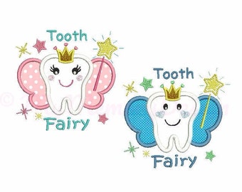 Set of 2 - Tooth Fairy embroidery design - Tooth applique - Machine embroidery - Instant download pes hus jef vip vp3 xxx dst exp 3 sizes