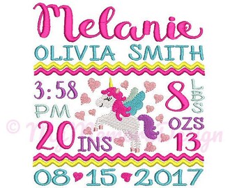 Unicorn Birth Announcement Embroidery Design - Baby Subway Art Machine Embroidery File - EMAIL DELIVERY 0-48 hour - NOT instant download