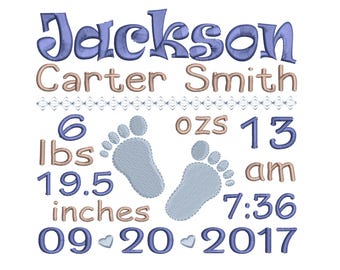 Birth Announcement  Embroidery Design - Baby  Embroidery Design - Birth template - Baby feet embroidery - Machine embroidery design - 3 size