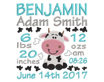 Cow Birth Announcement Embroidery Design - Subway Art Machine Embroidery File - EMAIL DELIVERY 0-48 hour - NOT instant download