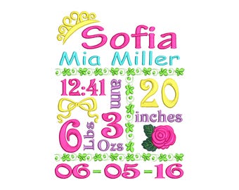 Baby Birth Announcement Embroidery Design, Customised, Baby Birth Stats, Floral embroidery, Little princess,Personalised, Machine embroidery