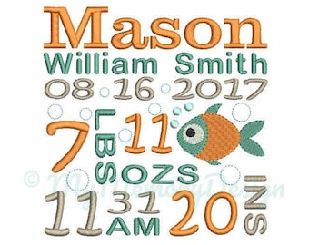 Fish Birth announcement embroidery design - Birth template machine embroidery baby design - INSTANT DOWNLOAD 4x4 5x7 6x10 sizes