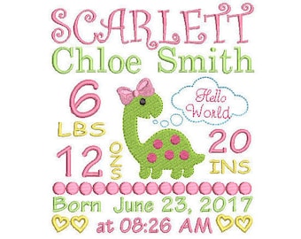 Birth Announcement Embroidery Design, Machine Embroidery, Baby announcement, Dinosaur embroidery, Personalized embroidery, EMAIL DELIVERY
