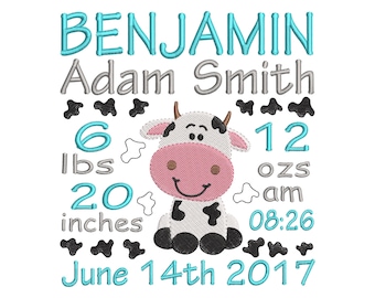 Boy Cow announcement embroidery design - Birth template machine embroidery baby design - INSTANT DOWNLOAD 4x4 5x7 6x10 sizes