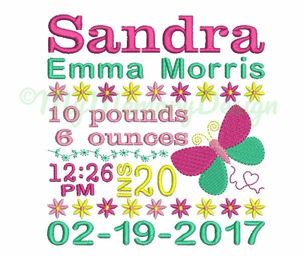 Girl Newborn Baby Birth Template Announcement Embroidery Design with Baby announcement template embroidery design