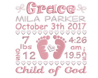 Birth announcement TEMPLATE embroidery design - Birth stats machine embroidery Baby girl design - INSTANT DOWNLOAD 4x4 5x7 6x10 sizes