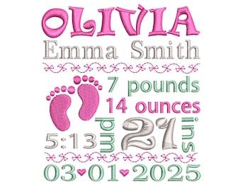 Baby personalized birth announcement embroidery design - Custom made embroidery design - EMAIL DELIVERY 0-48 hour - NOT instant download