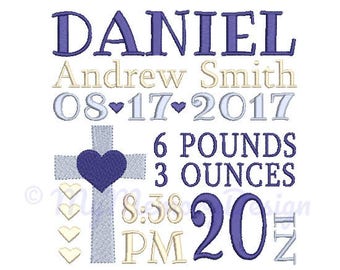 Cross Birth announcement embroidery design - Birth template machine embroidery Birth stats design - INSTANT DOWNLOAD for 4x4 5x7 6x10 hoops