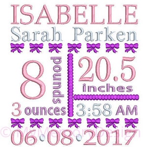 Bow Birth Announcement Embroidery Design - Baby Girl Subway Art Machine Embroidery File - EMAIL DELIVERY 0-48 hour - NOT instant downlaod