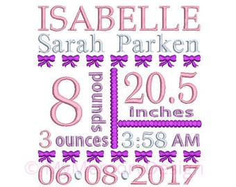 Bow Birth Announcement Embroidery Design - Baby Girl Subway Art Machine Embroidery File - EMAIL DELIVERY 0-48 hour - NOT instant downlaod