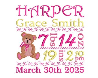 Bear Embroidery design - Custom Personalized Baby Birth Announcement Embroidery - Subway art- EMAIL DELIVERY 0-48 hour- NOT instant downlaod