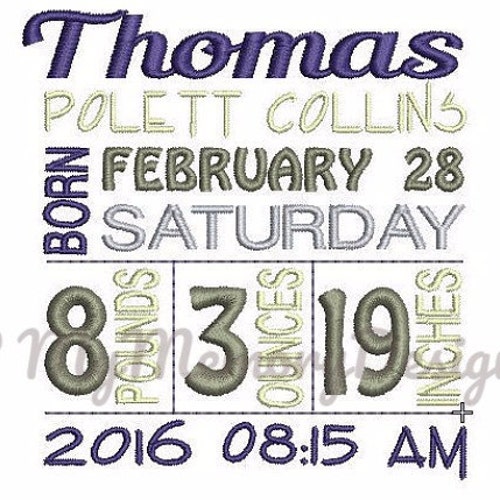Baby Birth Announcement Template Embroidery Design Subway Etsy