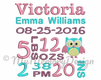 Custom Baby Stats Embroidery Design - Personalized made embroidery file - Baby embroidery design