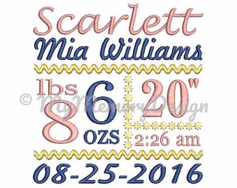 Personalized Birth Announcement Machine Embroidery Digital File Design - EMAIL DELIVERY 0-48 hour - NOT instant download