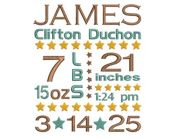 Birth stats embroidery design - Baby embroidery design - Newborn embroidery design - Machine embroidery design - Star embroidery CUSTOM MADE