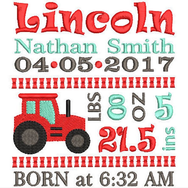 Tractor New Baby Birth Announcement TEMPLATE Embroidery Design - Baby Boy Embroidery - Machine embroidery Instant Dowload File 4x4 5x7 6x10