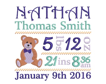 Embroidery Design - Custom Personalized Birth Announcement Embroidery - Baby embroidery - EMAIL DELIVERY 0-48 hour - NOT instant download