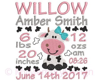 Cow embroidery design - Birth Announcement Embroidery Design - Baby announcement, Subway Art EMAIL DELIVERY 0-48 hour - NOT instant download