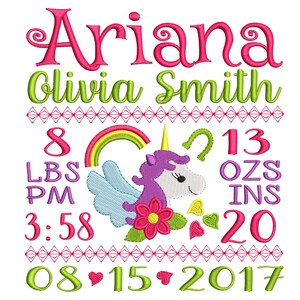 Unicorn Birth Announcement Embroidery Design - Baby Subway Art Machine Embroidery File - EMAIL DELIVERY 0-48 hour - NOT instant download