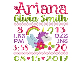 Unicorn Birth Announcement Embroidery Design - Baby Subway Art Machine Embroidery File - EMAIL DELIVERY 0-48 hour - NOT instant download