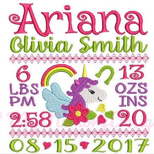 Unicorn Birth Announcement Embroidery Design - Baby Subway Art Machine Embroidery File - EMAIL DELIVERY 0-48 hour - NOT instant download