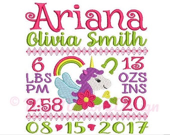 Unicorn Birth Announcement Embroidery Design - Baby Subway Art Machine Embroidery File - EMAIL DELIVERY 0-48 hour - NOT instant download