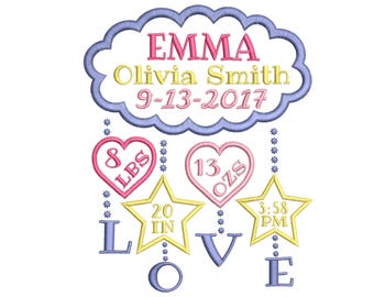 Cloud birth announcement embroidery design - Birth template machine embroidery pattern - Birth stats - INSTANT DOWNLOAD  5x7 6x10 sizes