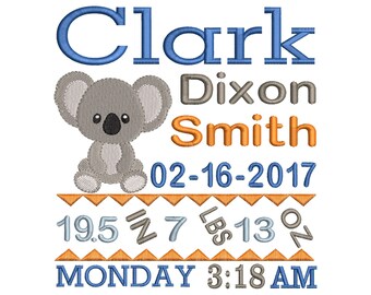 Personalized Embroidery Design - Koala Boy Birth Announcement Machine Embroidery Design -  Newborn Baby Customized Embroidery Pattern