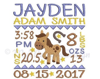 Birth announcement embroidery design - Birth template - Horse design - Birthday embroidery - Baby embroidery - INSTANT DOWNLOAD 4x4 5x7 6x10